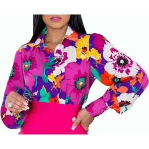 Women Pink Button Down Shirts Colorful Long Sleeve Floral Print Sexy T Shirt